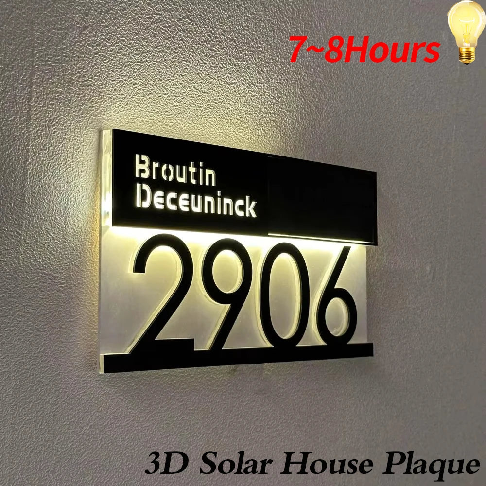 Personalized Custom Solar House Number Light Exterior LED Light House Plaque 3D Laser Cutting Street Family Name Door Sign Gift